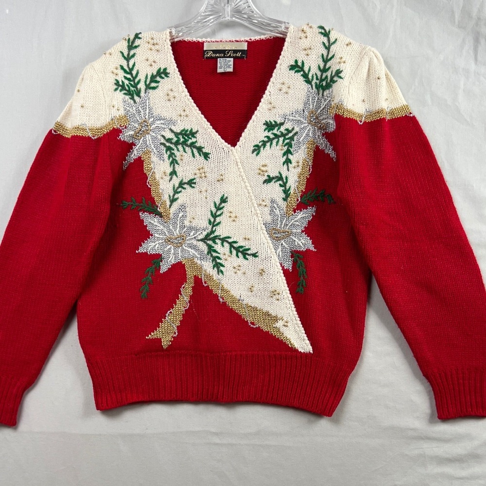 Vintage Dana Scott Holiday Sweater Women Large Red Embroidered Floral Metallic